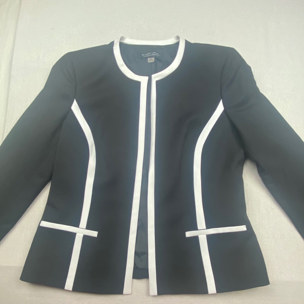 Black Label by Evan-Picone Navy White Colorblock Open Front Blazer Jacket 6